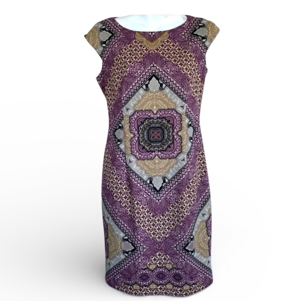 MAGGY LONDON sheath dress, colorful geometric purple gold. Vintage 80s 90s 6